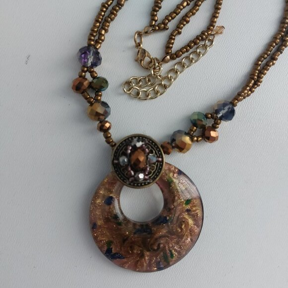 Boho Artisan Glass Pendant Necklace Bronze Beaded Statement Jewelry Maximalism - Picture 9 of 11